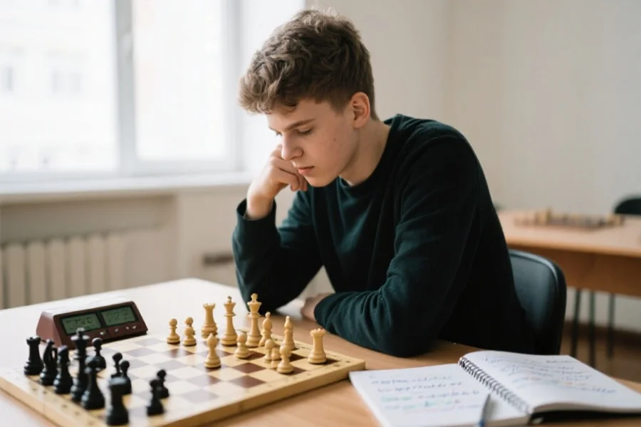 一位年轻玩家在安静的环境下专注分析棋局，旁边有笔记本和策略笔记